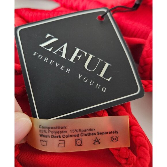 Zaful Womens Red Ribbed Cutout Bikini Set Size Small Tie Back Sexy Beach Pool - Picture 5 of 5